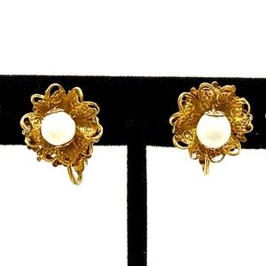 Vintage Miriam Haskell Gold Filigree Clip-On Earrings with White Cabochons
